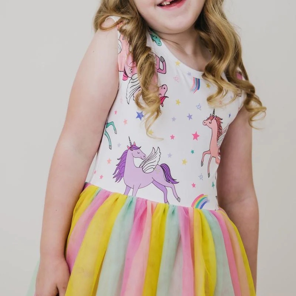 Unicorn Print Dress with Rainbow Tulle Skirt